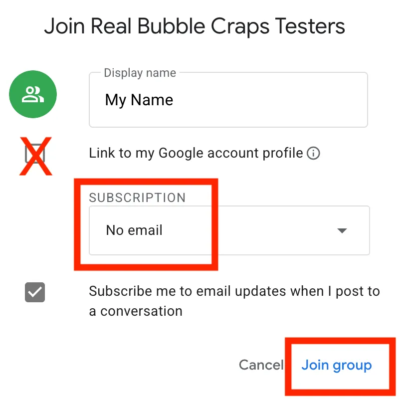 Set No email, uncheck profile link, tap Join group