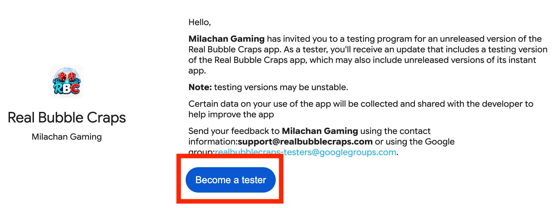 Tap Become a tester